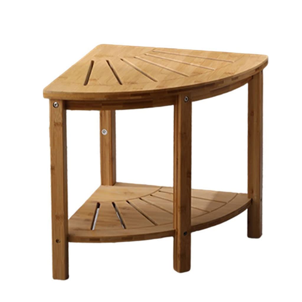 GDMDPTE Waterproof Bamboo Corner Shower Stool with Footrest 2-Tier Storage Shelf Stylish Bathroom Bench Wooden Design Perfect for Relaxation and Comfort.