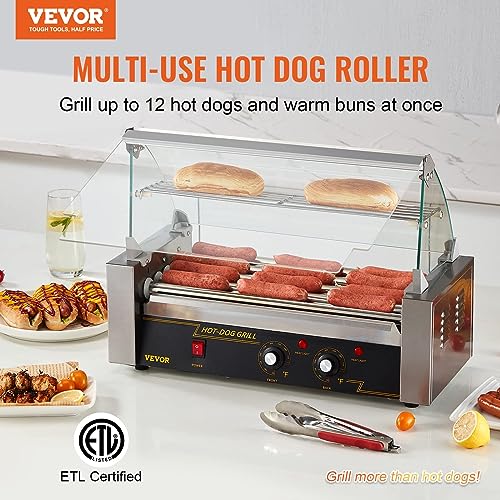 VEVOR Hot Dog Roller, 12 Hot Dog Capacity 5 Rollers, 750W Stainless Steel Cook Warmer Machine with Cover & Dual Temp Control, LED Light & Detachable Drip Tray, Sausage Grill Cooker - Thumbnail 2