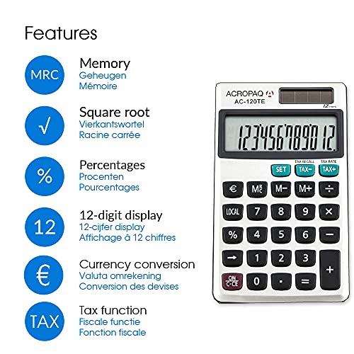 ACROPAQ - Calculatrice de Poche - Écran LCD 12 Chiffres, Double Alimentation, Mémoire, Extraction de Racine carrée, Convertisseur de devises, Fonction de contrôle et calcul de pourcentage - Gris – vue 2