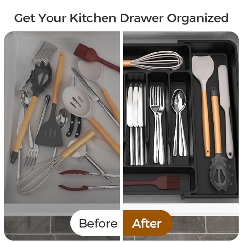 Extra Large Expandable Silverware Organizer, BPA-Free Food-Safe Cutlery Flatware Organizer, Kitchen Utensil Drawer Organizer, Adjustable Silverware Holder for Spoons Forks Knives, Black