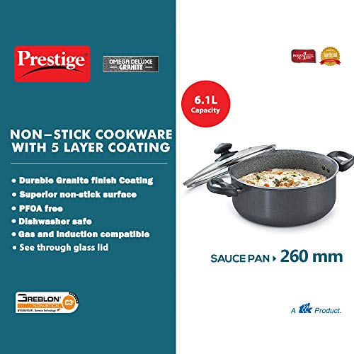Image of Prestige Omega Deluxe Granite Sauce Pan with Lid, 26cm & Prestige Aluminium Omega Deluxe Granite Kadhai, 24 cm, Black