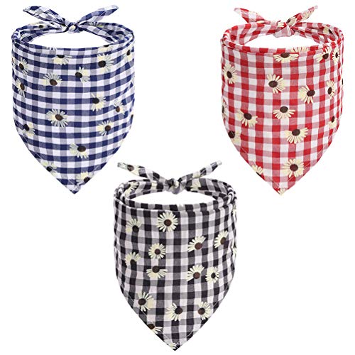 PAWCHIE 3 Pack Flower Plaid Dog Bandana - Adjustable Pet Doggy Triangle Scarf Bibs, Soft and Breathable Neckerchief for Small Medium Large Dogs