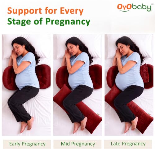 Image of OYO BABY Full Body Support Pillow for Pregnancy | Plush Velvet 4-Piece Maternity Set | Maternity Pillow Bundle | Adjustable Butterfly Design for Back, Belly, Hip and Leg Pain Relief - Maroon