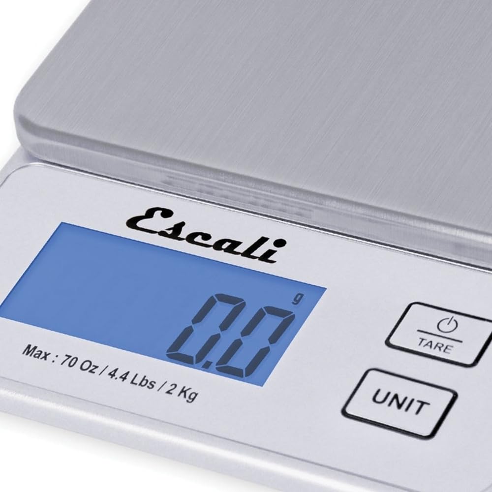 Escali Vera PR2000S Báscula compacta de alta precisión para cocina/panadería/hierbas, mide ingredientes líquidos y secos, pantalla digital LCD, capacidad de 2 kg, plata
