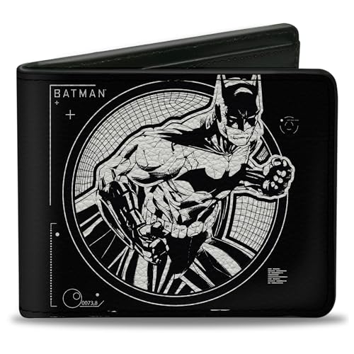 Buckle-Down Men's DC Comics Wallet, Bifold, Batman Tech Action Pose Bat Logo Black White, Vegan Leather, 4.0