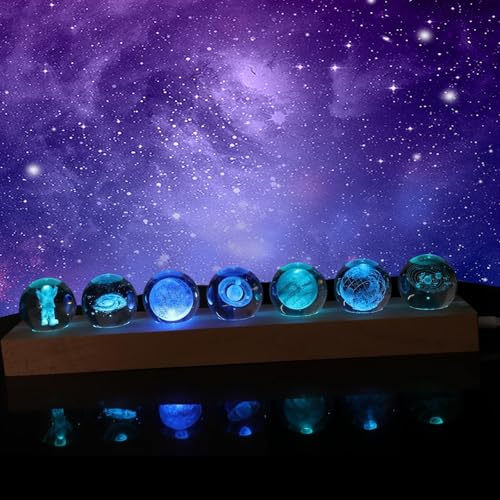 TOWEBOORY 7 Crystal Balls Night Light Decor, Healing Spheres with LED Wooden Stand 40mm Glass Ball Solar System Crystal Ball for Meditation Positive Energy Home Office Decoration (7 Colors)