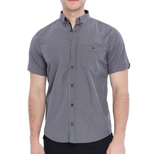 Xact Men's Gingham Check Shirt with Button-Down Collar - Short Sleeved (Grey/Navy) L