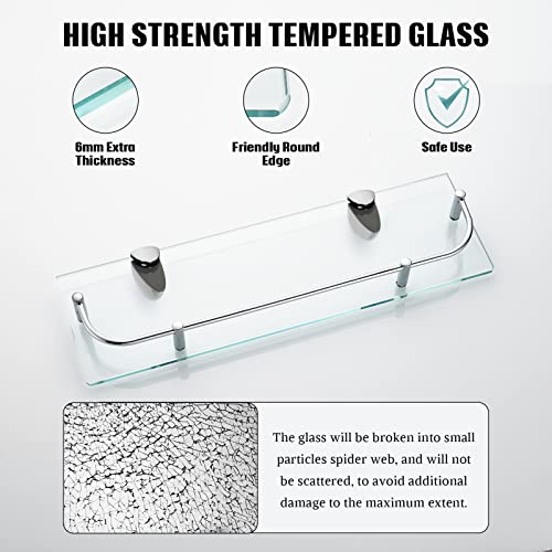 Vasuhome 2 Tier Bathroom Glass Shelves, Tempered Glass Bathroom Wall Organizer With Silver Guardrail, And 2 Metal Hooks - Wall Mounted Rectangular Shelves For Storage And Display #TOP3