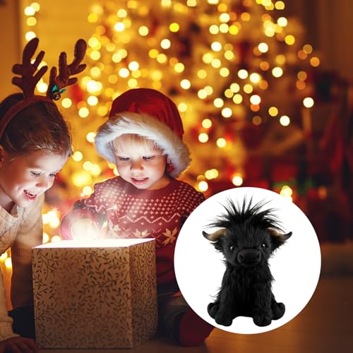 JazRvr Hochlandrind Kuscheltier, Schottisches Highland Cow Plüschtier, Kuscheltier Kuh Für Kinder, 28 cm Schwarzes Kuscheltier, Stressabbau