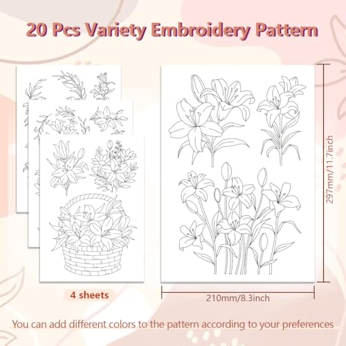 Image of Peacoblue Water Soluble Embroidery Patterns for Beginners, Lily Flowers 4 Sheets with 20pcs Wash Away Stick and Stitch Embroidery Pattern Stabilizer for Hand Sewing Lover Couple Women Adults