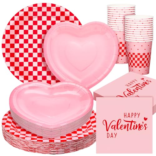 Zhehao 112 Pcs Valentine's Day Party Supplies Set for 24 Guests Paper Plates 9 oz Cups Napkins and Cutlery Pink and Red Plaid Ladies Celebration Party Decor Women Supplies
