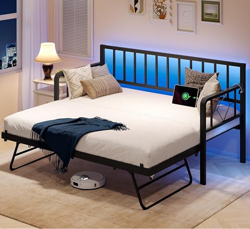Jocisland Twin DayBed with Charging Station and LED Lights, Metal Twin Daybed with Trundle, Versatile Sofa Bed Frame with Steel Slat Support for Living Room, Bedroom, Guest Room, Dark Gray-Black