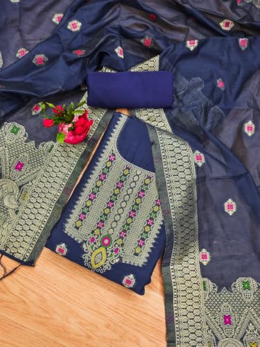 Image of Chanderi Suit Vol 5 | Pure Chanderi Banarasi Silk (3m) | Soft Cotton Bottom (2.5m) | Woven Chanderi Banarasi Silk Dupatta (2.3m) with Tassels, Unstitched Material, Fits up to 60 inch, Length 48