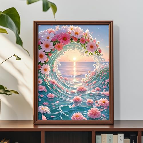 Image of AiYuanzsh Sunset Ocean Diamond Art Kits for Adults, Flower Waves Diamond Painting Kits for Adults Beginners, 5D DIY Full Drill Round Rhinestone Gem Art Crafts Paintings for Home Wall Decor 12 inchx16 inch
