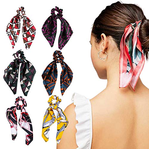 6 Pcs Hair Scarf Scrunchies For Women Chiffon Floral Scrunchie Hair Bands Ponytail Holder Scrunchy Ties 2 in 1 Vintage Accessories for Women Girls