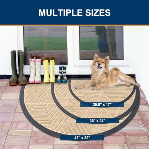 Image of Smiry Half Circle Front Door Mat Outside Entrance, Heavy Duty Sturdy Natural Rubber Doormat, Trap Dirt and Moisture, Low Profile Mats for Indoor Outdoor Entry, Irregular Triangle (35x23, Beige)