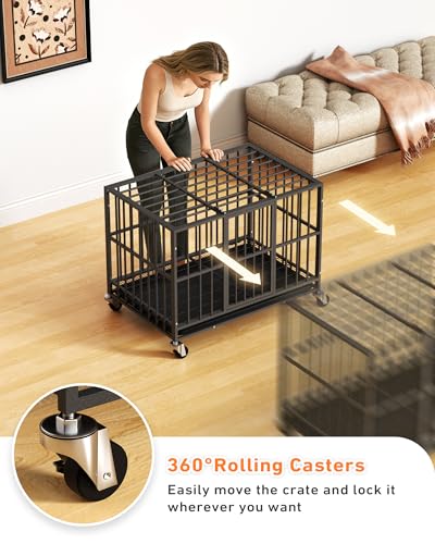 38 inch Heavy Duty Dog Crate with Dual Doors and Lockable Wheels, Large Dog Kennel Indoor, Removable Tray for Easy Cleaning, Dog Cage for Medium to Large Breeds and Anxious Dogs - Image 5