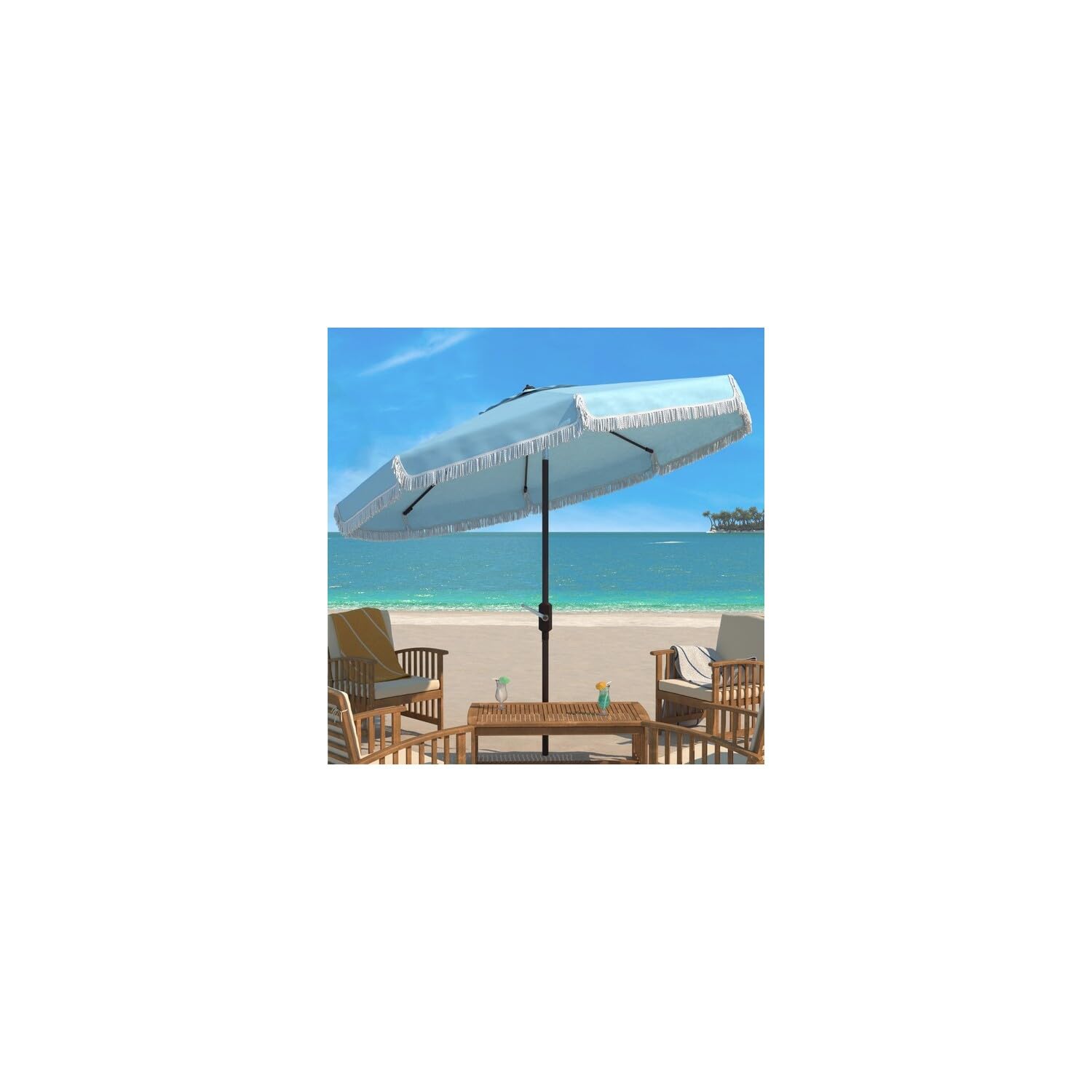 SAFAVIEH PAT8008A Collection Milan Fringe Navy and White 9Ft Crank Outdoor Push Button Tilt Umbrella