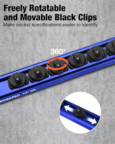 Image of WORKPRO Magnetic Socket Organizer, 1 /4 inch Drive Aluminum Alloy Socket Holder with 12PC Removable Socket Clips for Quick Customization, Socket Rail for Tool Box Drawer (Sockets Not Included)