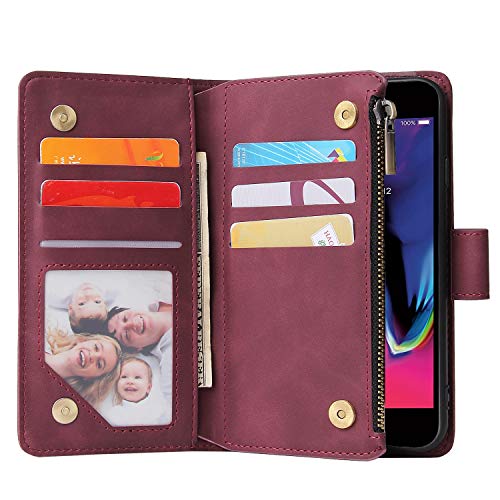 CHICASE Wallet Case for iPhone SE 2020,iPhone 7/8 Case,Leather Handbag Zipper Pocket Card Holder Slots Wrist Strap Flip Protective Phone Cover for Apple iPhone 7/8/iPhone SE 2020(Wine Red)