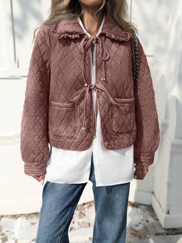Image of Tankaneo Womens Quilted Denim Puffer Jackets Tie Front Bow Cropped Puffy Jackets Fall Cute Short Jeans Coat