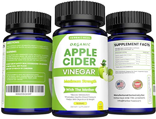 Organic Apple Cider Vinegar Capsules with Mother 1600MG, Lemon Powder, Inulin & Cayenne Pepper, All Organic - 1 Month Detox & Cleanse ACV Pills - Bloating Relief Metabolism Booster