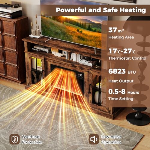 COSTWAY Electric Fireplace Insert TV Stand, Entertainment Center Console Table with Adjustable Flame, Overheat Protection Fire Heater & Remote (Brown, with RGB LED Lights, 23” Fireplace, for 65” TV) - Image 3