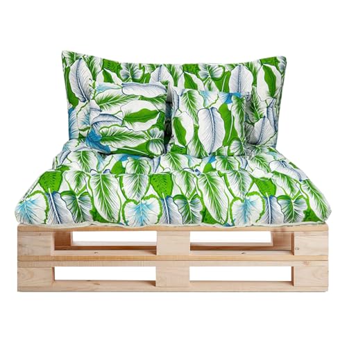 GREATOYAR Cojines Sofá Palets, Cojin Palet Fibra, Cojines Acolchados Palets, Cojín de Respaldo y Asiento, Conjunto 4 Piezas, para Jardín, Terraza, Balcón, Interior y Exterior, Hoja Verde Grande