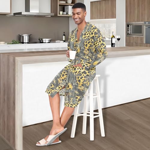 Men’s Robe Rustic Leopard Print, Long Sleeve Lightweight Bathrobe with Belt Pockets M2