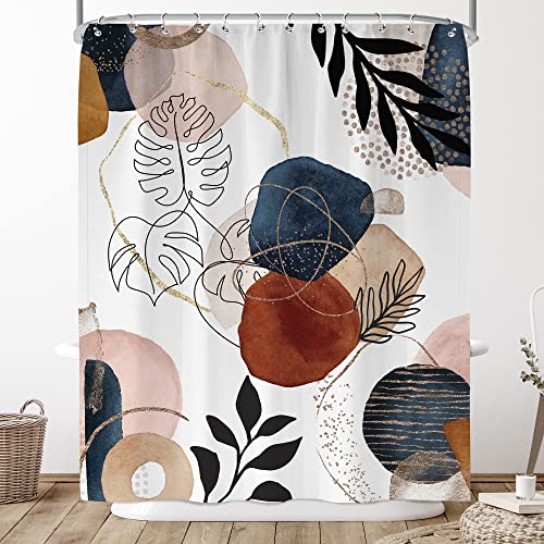 Yorida Boho Abstract Shower Curtain, Mid Century Shower Curtain, Modern Minimalist Shower Curtain Sets Aesthetic Pink Navy Blue Geometric Bathroom Accessories Decor Botanical Leaf Shower Curtain 60X72 #TOP9