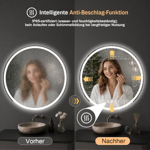 XRAMFY Badspiegel mit Beleuchtung 60cm*60cm, Antibeschlag, Rund Badezimmerspiegel mit Beleuchtung LED, 3 Lichtfarben, Dimmbar – Ansicht 3