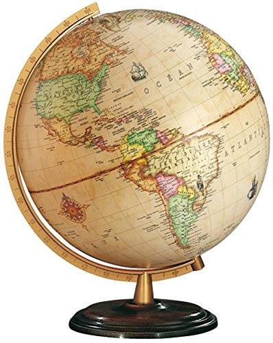 Columbus Globen, Classic Line, Renaissance Leuchtglobus, Dunkler Holzfuß und altmessingfarbener Kunststoff-Meridian Cover