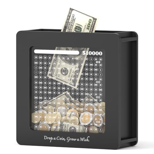 Image of Summidate Wooden Money Saving Box, Clear Window Cash Vault Savings Box -10000 Challenge with Tracker Stickers, Reusable Piggy Bank for Adults & Kids, Birthday /Baby Shower /Wedding Gift