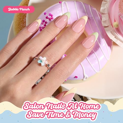 Image of Beetles French Tips Press On Nails, Pastel Spring Nails Medium Almond 6 Colors 192 Pcs, Spring Fake Nail Tips, Pink Blue Green Soft Gel Nails False Nails Art DIY For Women