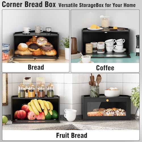 Trironsun Corner Bamboo Bread Box for Kitchen Counter Large Rustic Bread Storage Container with Acrylic Door Space-Saving Vintage Bread Keeper for Homemade Bread (Black) by Trironsun - Used condition - Image 7