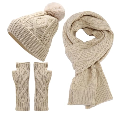 Winter Hat Beanie Long Scarf Touchscreen Gloves Set, 3Pcs Soft Thick Fleece Lined Gloves Cap Scarf Set (Beige, One Size)2