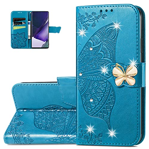 Dinglijia Wallet Case for Samsung Galaxy A14, Butterfly Pattern PU Leather Case with Magnetic Clasp and Cash Card Holder Cover for Galaxy A14, Rhinestone Blue