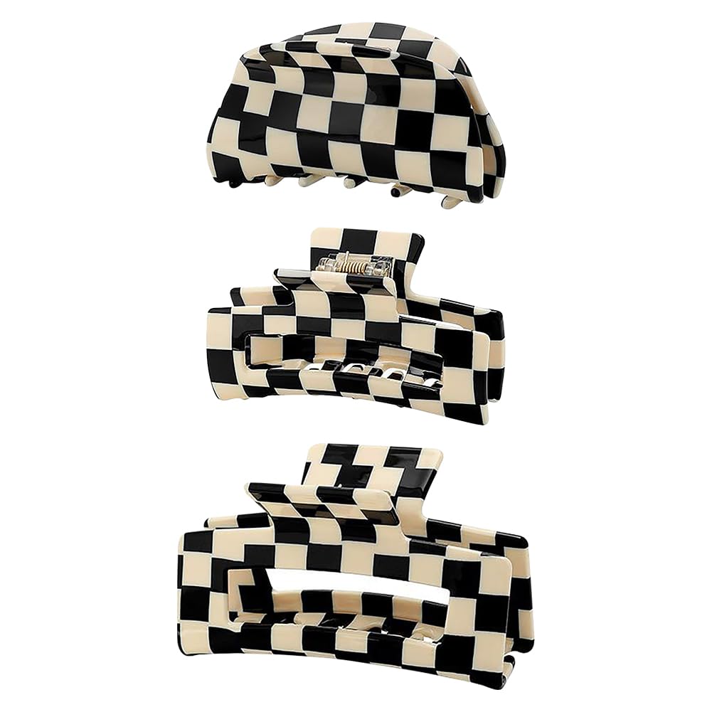 HugeDE 3 Pcs Checkerboard Hair Claw Clips Black And White Hair Jaw Clips Non Slip Checker Hair Clips Decorative Cute Hair Barrettes for Girls Women