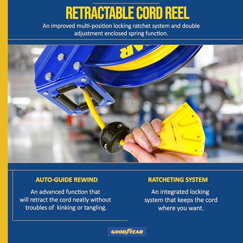 Image of Goodyear Extension Cord Reel Retractable 12AWG x 50' Feet, Steel Single Arm