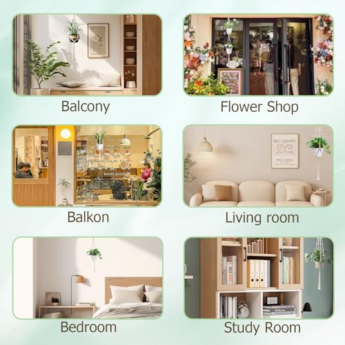 Surplex Macramé Hangmand, set van 5 Boho Decoratieve Katoenen Touw Plantenhangers, Bloempot Plantenhouder met Haken voor Binnen Buiten Tuin Plafond, Balkon, Muur, Woondecoraties, Beige - Afbeelding 4