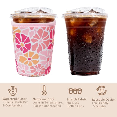 Image of Reusable Insulated Sleeve for Iced Coffee Cup, Coffee Neoprene Sleeve for Cold & Hot Drinks, Beverage Holder for Iced Coffee (Blush Petals, Small: 16-18oz)