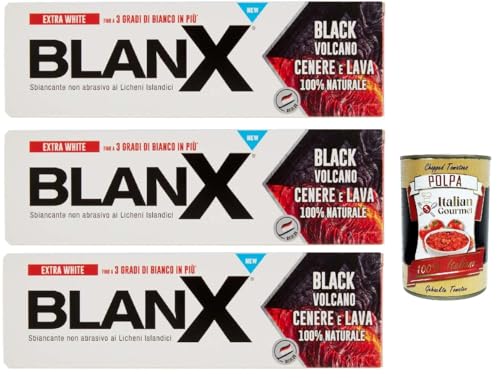 BlanX Dentifricio Black Volcano 3 x 75 ml, pasta de dientes con cenizas y cenizas isleñas y volcánicas, apto para veganos y antibacterianas + Polpa italiana Gourmet 400 g