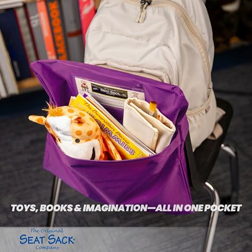 Image of Seat Sack Student Chair Storage Pocket - 17 inch, Single Pocket, Classroom Chair Organizer for Student Desks, Durable Over-the-Chair Storage, Ready-to-Use Name Tag Window, Purple, 1-Pack
