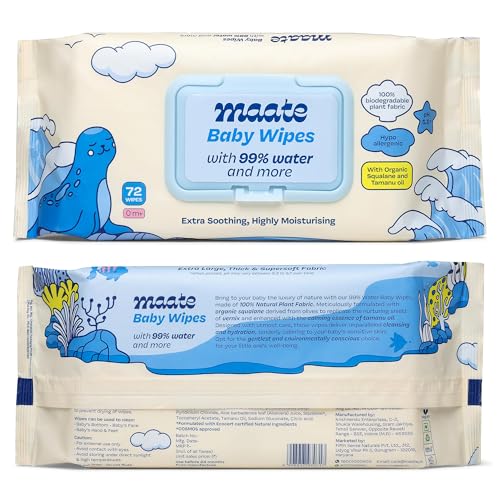 Image of Maate Baby Wipes (Pack of 2, 144 Wipes) | Soothing & Hypoallergenic | Infused With Plant Squalane, Tamanu Oil & Aloe Vera | Moisturizing & Hydrating | Baby Wet Wipes | Paraben & Sulphate Free