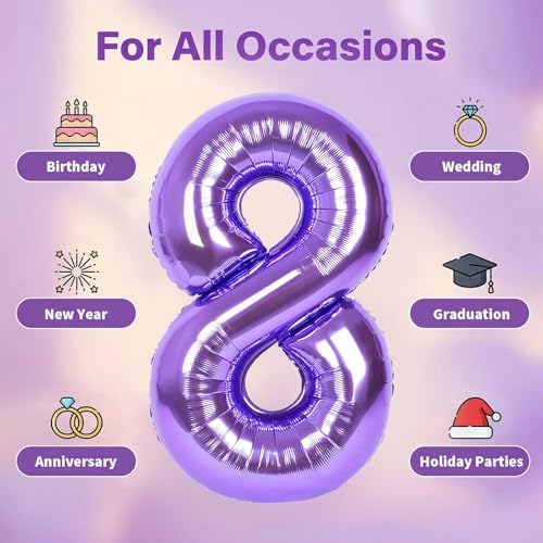 Image of Number Balloons for Birthday Decorations - 40 Inch Large Party Balloons 8, Purple Foil Number Balloons for Boys Girls, Balloons for Party Supplies