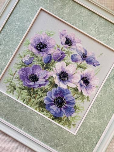 Image of RIOLIS - Purple Anemones 2176, Cross Stitch Kits 11 inch x 11 inch, Cross Stitch Kits for Adults, Floral Counted Cross Stitch Kits, Embroidery Kit for Beginners & Advanced, Crossstitching Kits