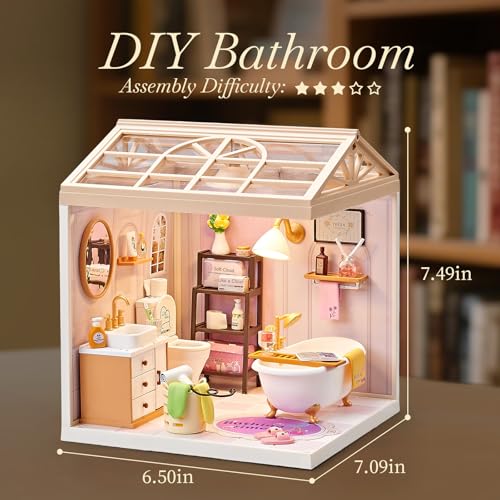 DIY Miniature Bathroom Play Kit with 101Pcs, 1:20 Scale Dollhouse Washroom Furniture with LED Light, Realistic Accessories & Connectable Base Room, Tiny House Toy for Adults & Kids 8+
