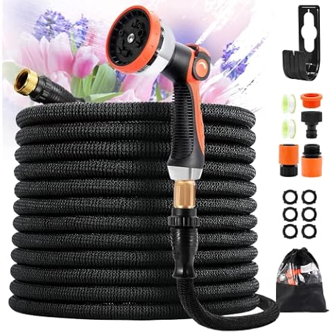 Flexibler Gartenschläuch Wasserschlauch 50FT/15M, Strapazierfähiger 4 lagiger Latex mit 10 Funktions Düse Brause Adapter aus Messing Aufhänger Bewässerung Gartenarbeit Autowäsche Hof Cover