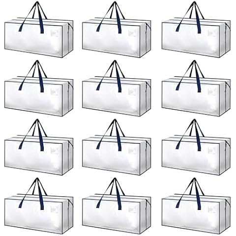 HealSmart 12 Pack Extra Large Moving Bags with Zippers & Carrying Handles, Heavy-Duty Storage Tote Moving Boxes for Dorm Room Essentials Storage Bags, Clear Cover