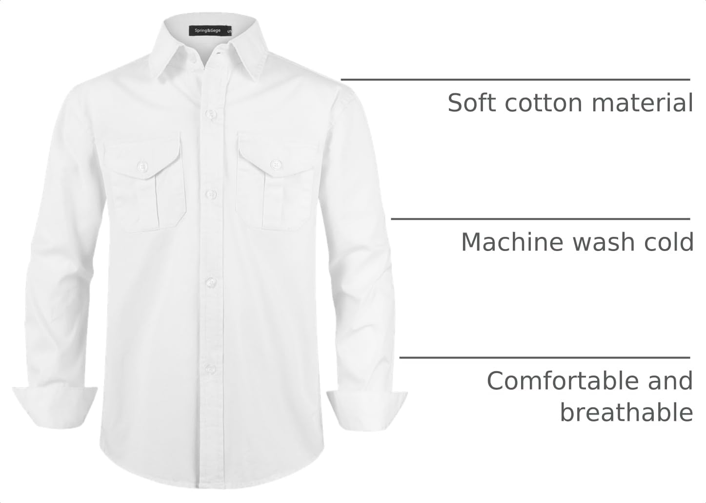 Spring&Gege Camisa de manga larga con botones para niños, tejida, sólida, dos bolsillos